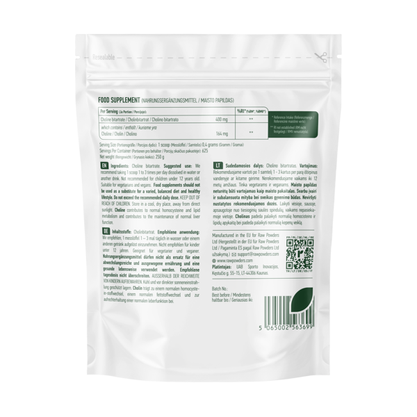 RAW POWDERS CHOLINO BITARTRATO milteliai, 250 g RAW POWDERS CHOLINO BITARTRATO milteliai, 250 g