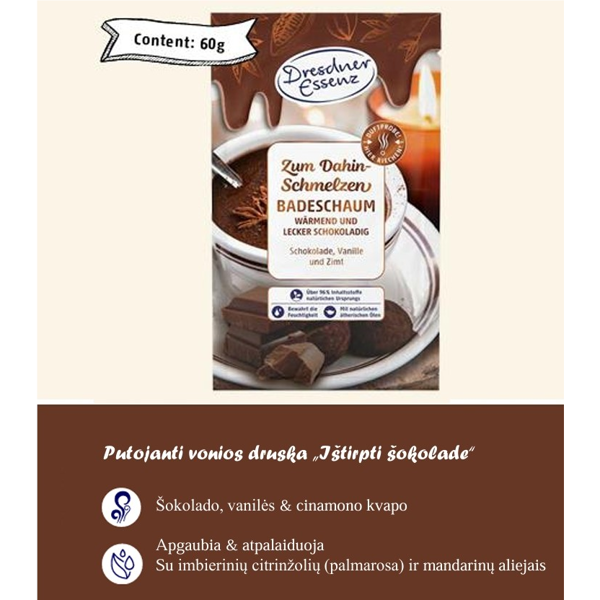 DRESDNER ESSENZ Putojanti vonios druska „Ištirpti šokolade“ 60 g DRESDNER ESSENZ Putojanti vonios druska „Ištirpti šokolade“ 60 g