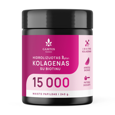 GAMTOS NAMAI HIDROLIZUOTAS PEPTAN KOLAGENAS 15 000, su biotinu, arbūzų skonio milteliai, 240 g.