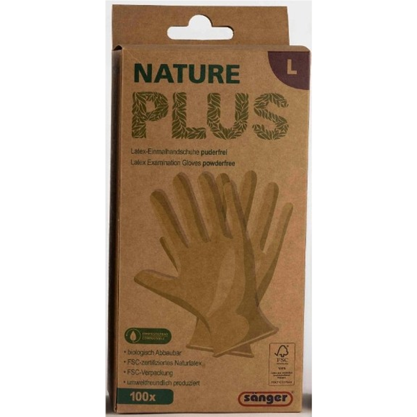 Sänger Nature Plus vienkartinės lateksinės pirštinės, L dydžio, 100 vienetų Sänger Nature Plus vienkartinės lateksinės pirštinės, L dydžio, 100 vienetų