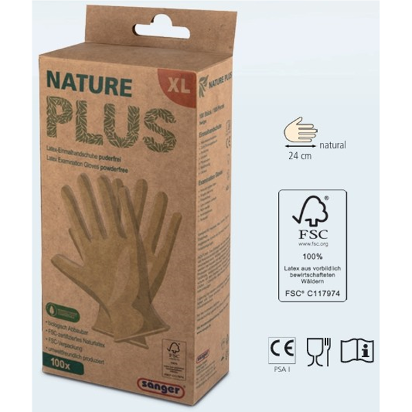 Sänger Nature Plus vienkartinės lateksinės pirštinės, XL dydžio, 100 vienetų Sänger Nature Plus vienkartinės lateksinės pirštinės, XL dydžio, 100 vienetų
