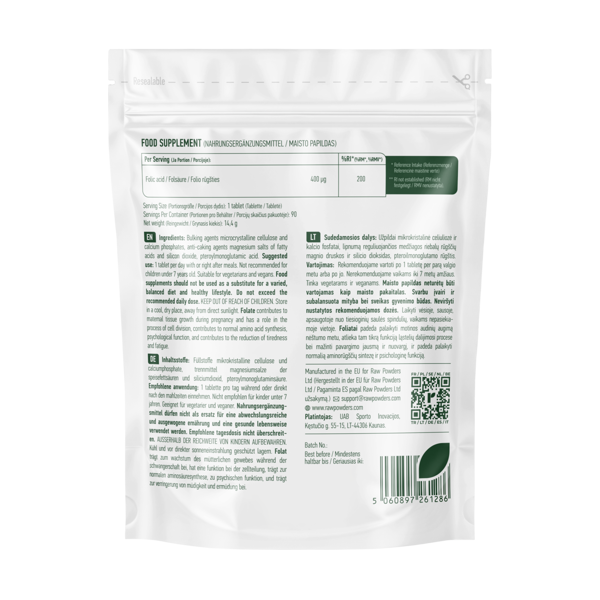 RAW POWDERS FOLIO RŪGŠTIS 400 mcg, 90 tablečių RAW POWDERS FOLIO RŪGŠTIS 400 mcg, 90 tablečių