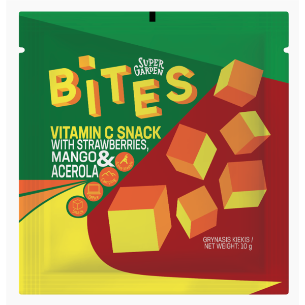 SUPERGARDEN BITES VITAMIN C SNACK liofilizuotos braškės, mangai ir acerol, 10g SUPERGARDEN BITES VITAMIN C SNACK liofilizuotos braškės, mangai ir acerol, 10g
